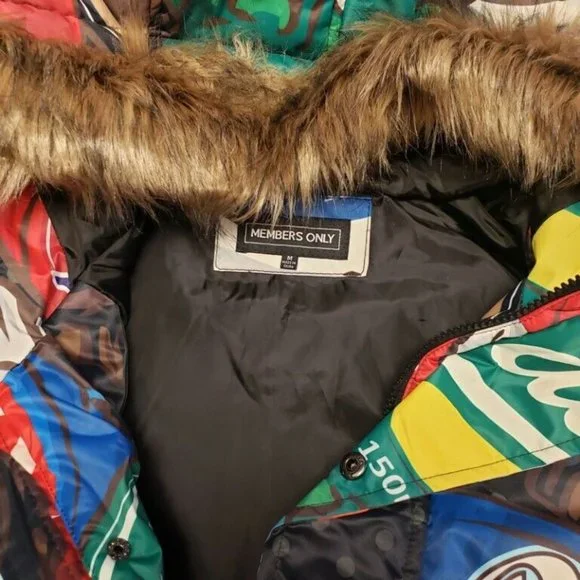 Members Only Mens Size M Black Soda Bottle Cap Jacket Faux Fur Hooded Puffer - Picture 4 of 7